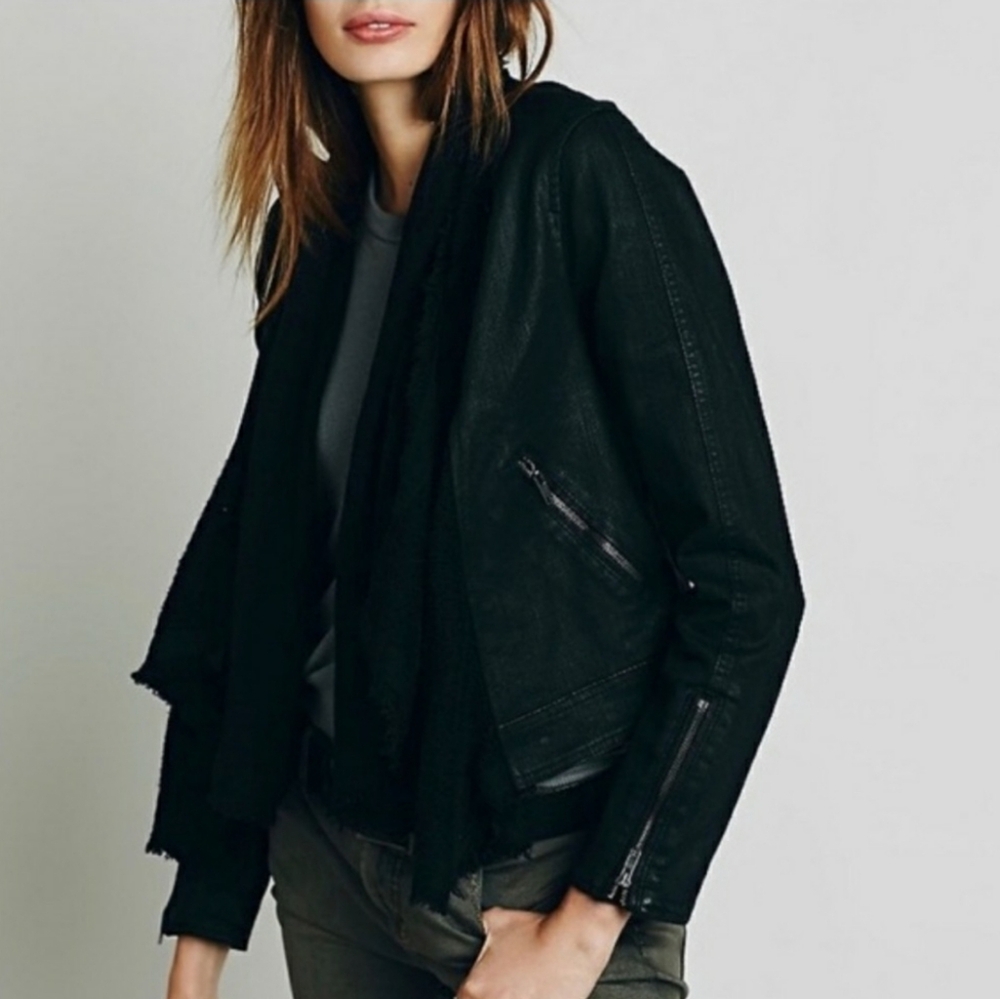Free People Drape Front Coated Denim Moto Mixed Media Jacket sz 6